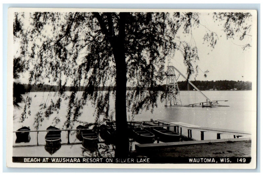 Beach At Waushara Resort On Silver Lake Wautoma Wisconsin WI RPPC Photo Postcard