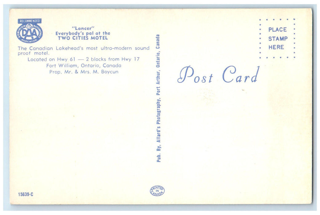 c1950's Lancer Everybody's Pal at Two Cities Motel Fort William Canada Postcard