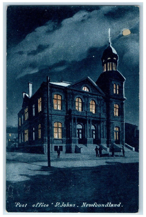 c1910 Post Office St. Johns Newfoundland Canada Moonlight Scene Postcard