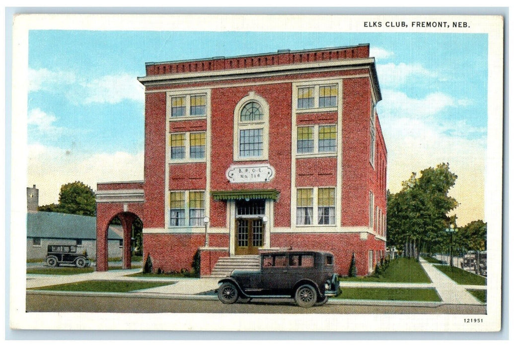 c1940 Exterior View Elks Club Building Classic Cars Fremont Nebraska NE Postcard