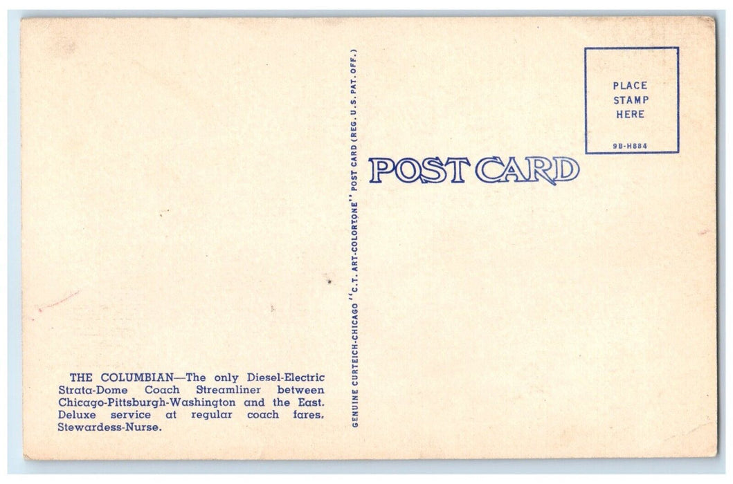 c1940 Strata Dome Columbian Train Railroad De Luxe Coach Streamliner Postcard