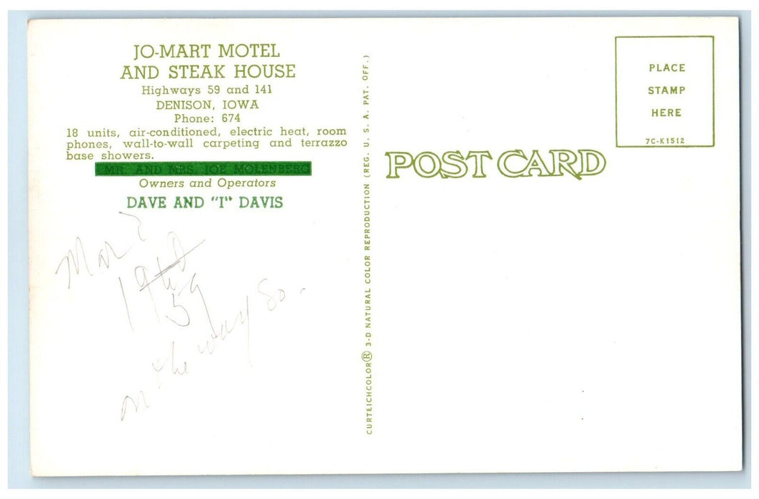 1959 Jo-Mart Motel And Steak House Restaurant Roadside Denison IA Postcard