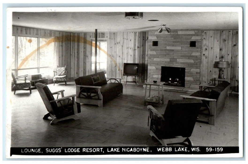 Lounge Suggs Lodge Resort Lake Nicaboyne Webb Lake Wisconsin RPPC Photo Postcard