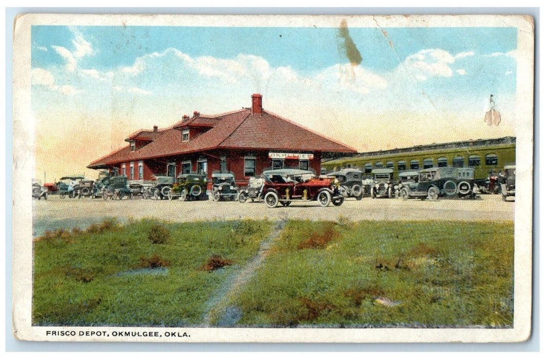 1920 Frisco Depot Station Cars Okmulgee Oklahoma OK Posted Vintage Postcard