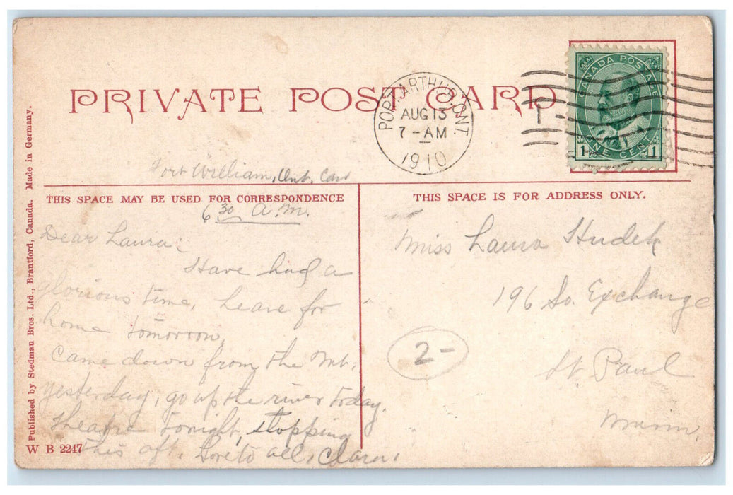 1910 Thunder Cape Fort William Ontario Canada British Flag Logo Postcard