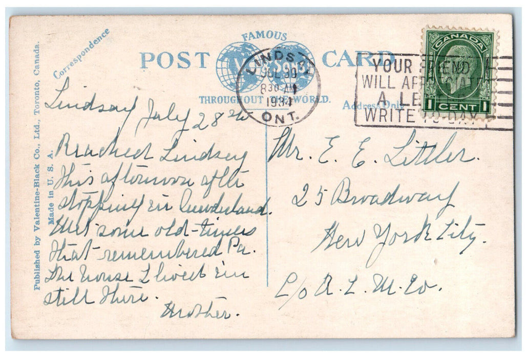 1934 View of Post Office Lindsay Ontario Canada Vintage Posted Postcard