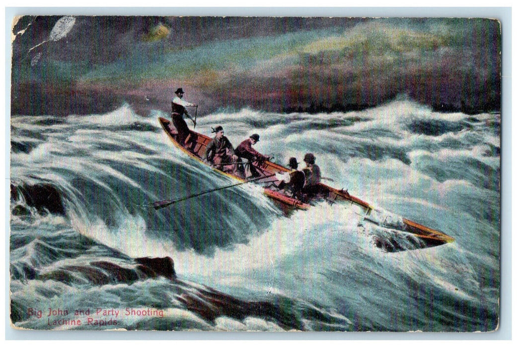 1908 Big John and Party Shooting Lachine Rapids Montreal Quebec Canada Postcard