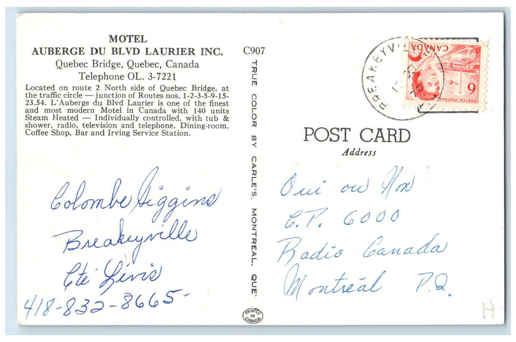 c1960's Motel Auberge Du Blvd Laurier Inc Quebec Bridge Quebec Canada Postcard
