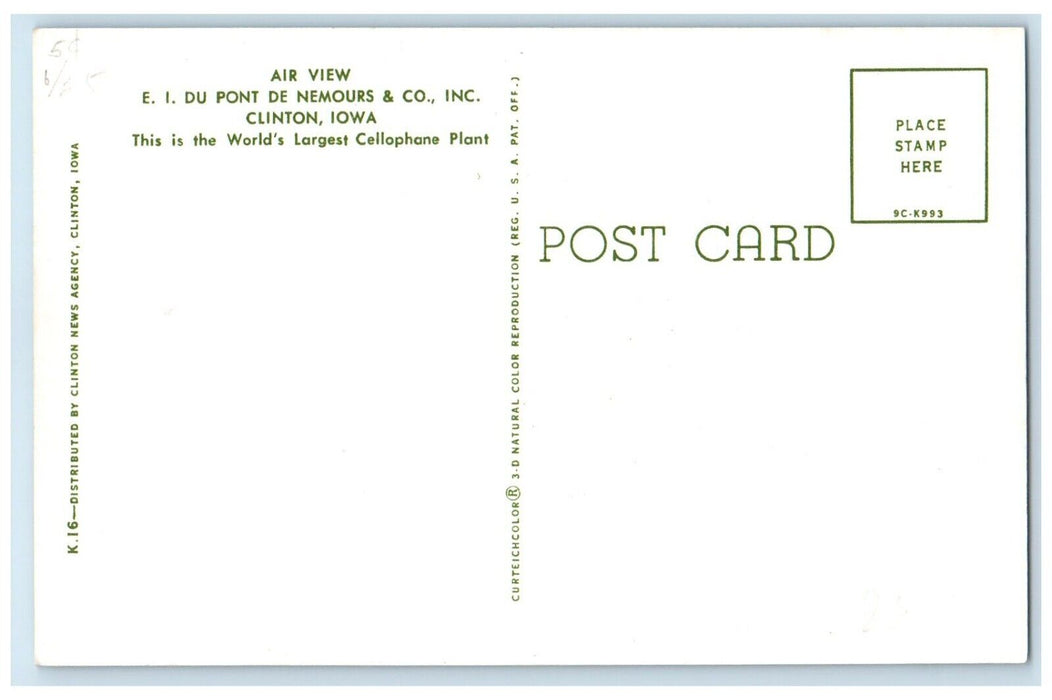 c1950's Air View EI Du Pont De Nemours & Co INC. Clinton Iowa IA Postcard