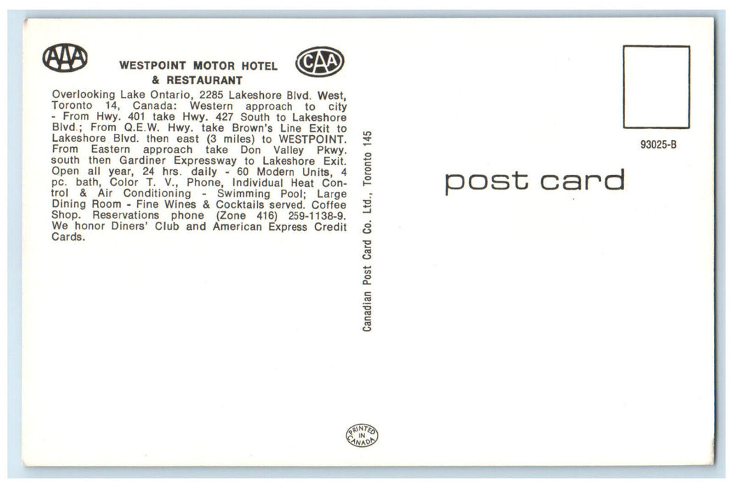 c1960's Westpoint Motor Hotel Multiview Toronto Ontario Canada Postcard