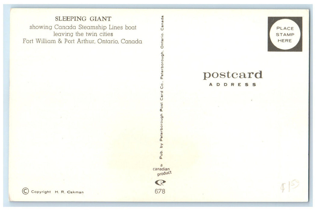 c1960's Sleeping Giant Canada Steamship Lines Port Arthur Canada Postcard