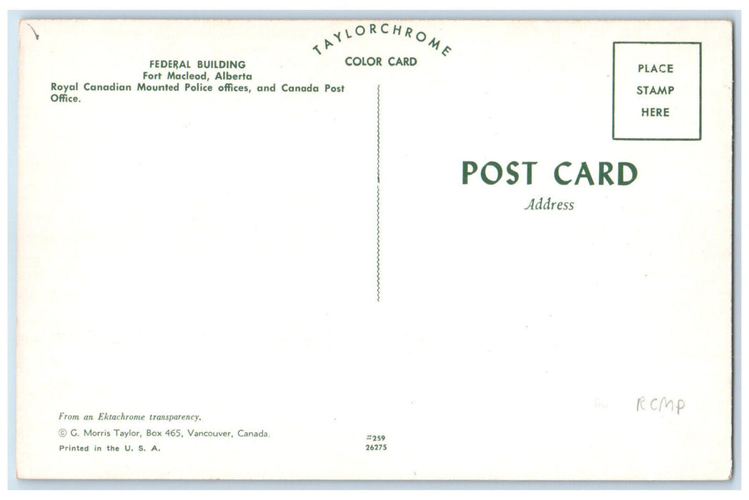 c1960's Federal Building Police Office Fort Mcleod Alberta Canada Postcard