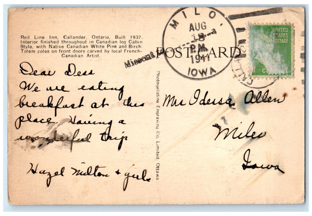 1937 Red Line Inn Callander Ontario Canada Milo Iowa IA Vintage Postcard