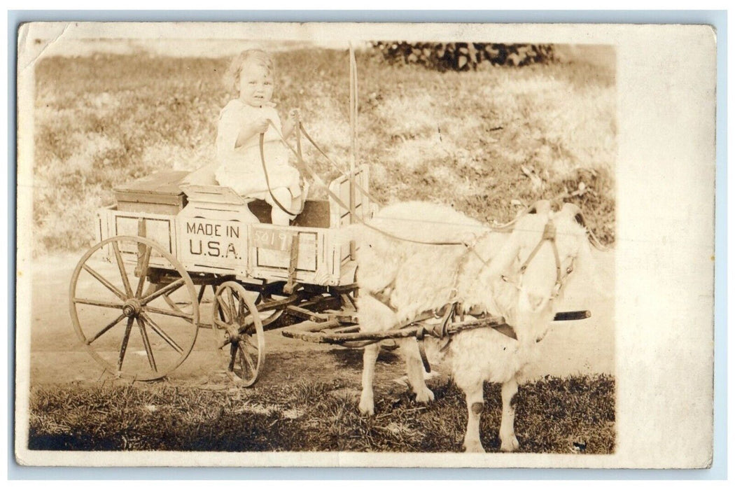 c1910's Made in USA Patriotic Goat Wagon Girl Birthday RPPC Photo Postcard