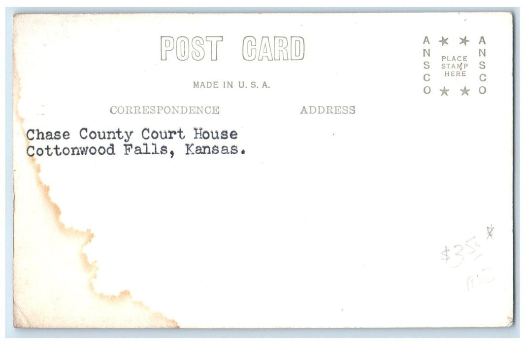 c1930's Chase County Court House Cottonwood Falls Kansas KS RPPC Photo Postcard