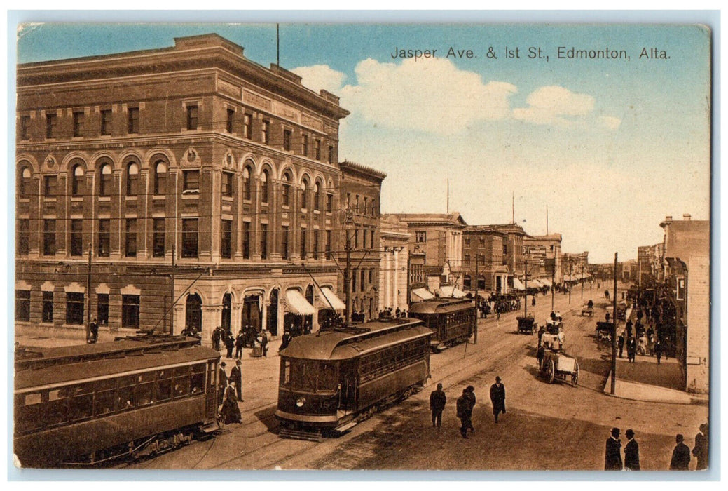 1917 Jasper Avenue & 1st Street Edmonton Alberta Canada Trolley Car Postcard