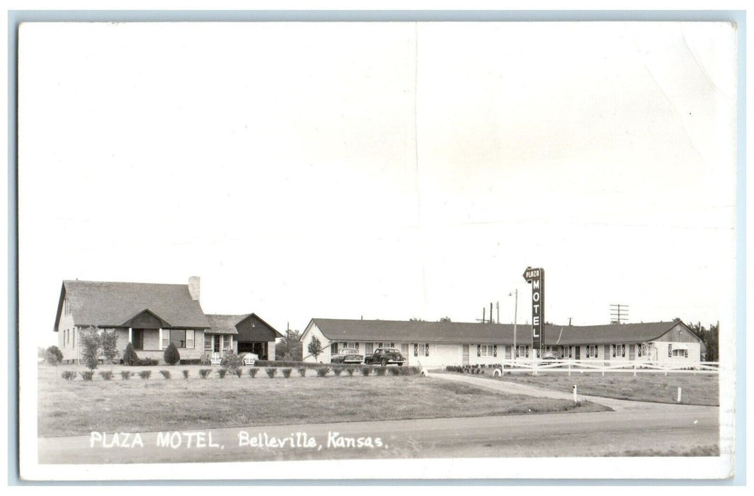 1955 Plaza Motel Cars Roadside Belleville Kansas KS RPPC Photo Vintage Postcard