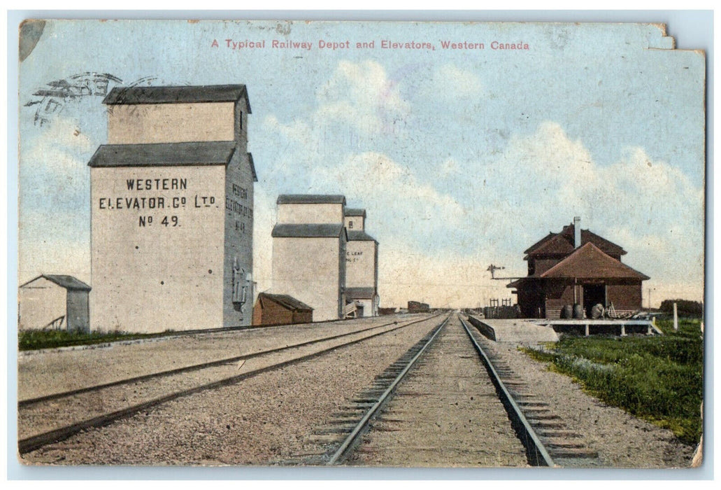 1913 A Typical Railway Depot and Elevators Western Canada Antique Postcard