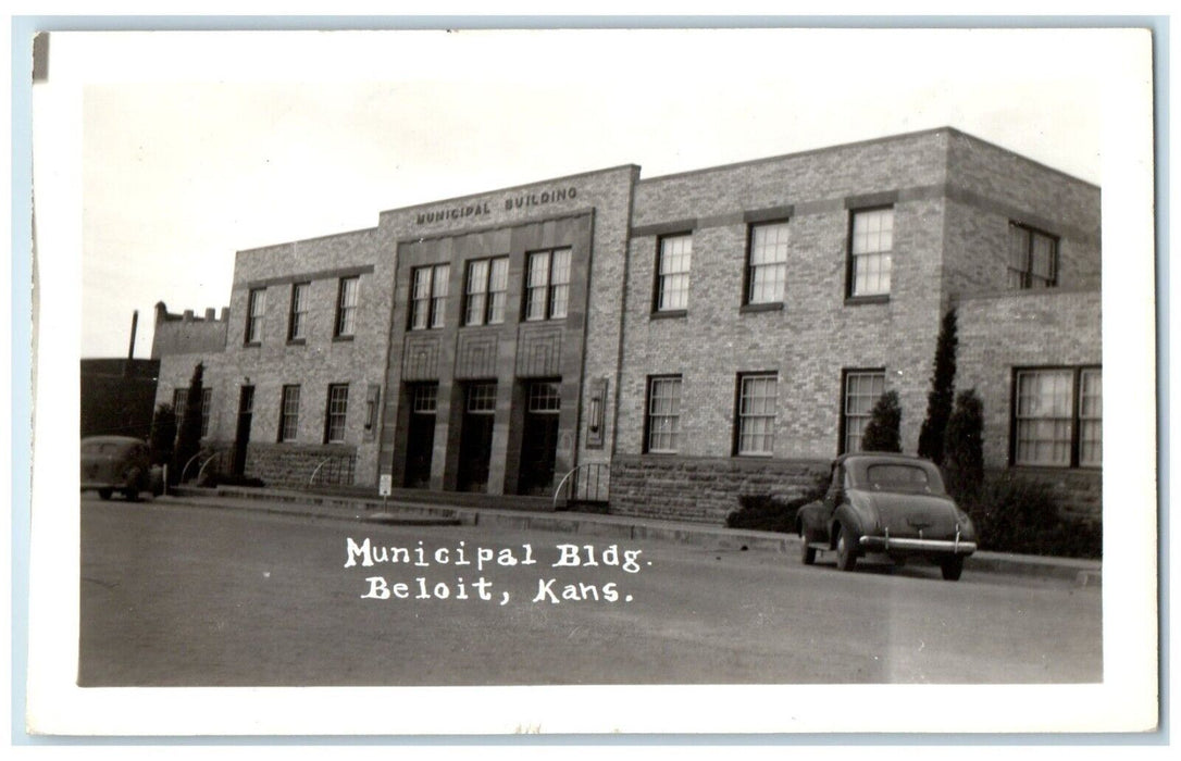 1946 Municipal Building Cars Scene Street Beloit Kansas KS RPPC Photo Postcard