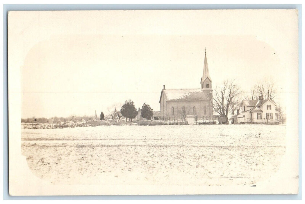 1917 Church Scene Winter Snow Sturgis Michigan MI RPPC Photo Antique Postcard