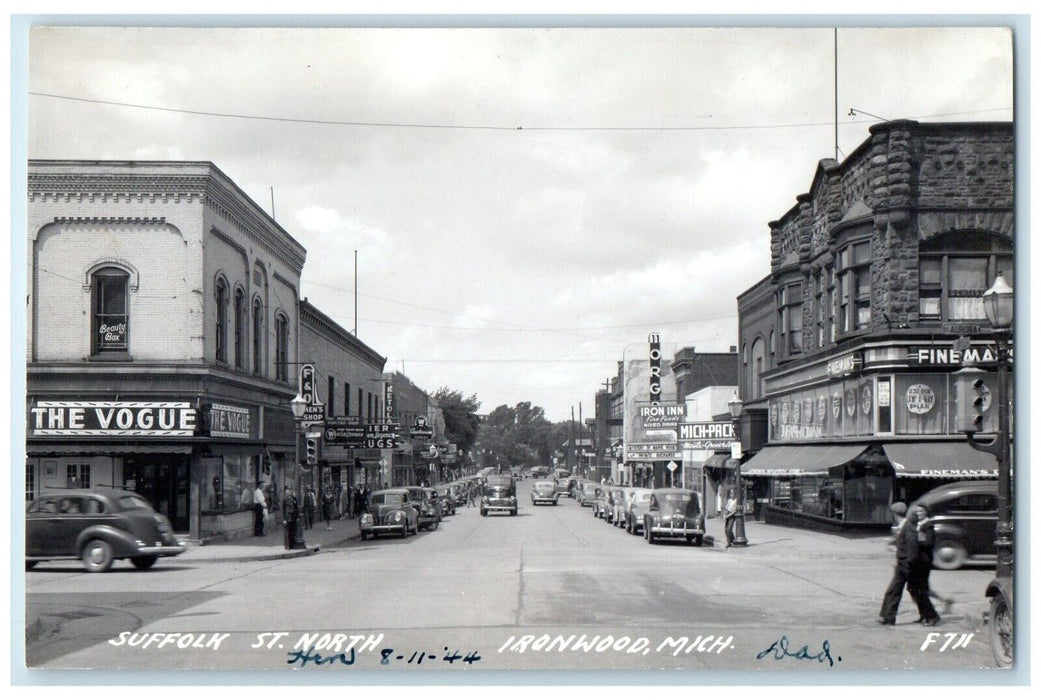 c1940's Suffolk St. North Stores Cars Ironwood Michigan MI RPPC Photo Postcard