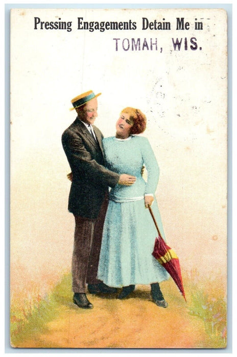 1912 Lovers Pressing Engagements Detain Me Tomah Wisconsin WI Vintage Postcard