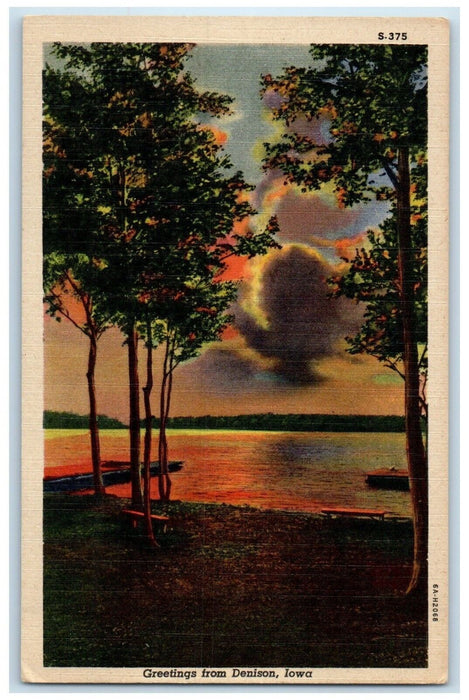 c1940 Greetings From Sunset River Lake Denison Iowa Vintage Antique IA Postcard