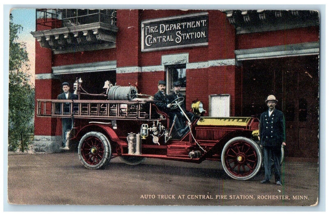 c1910 Auto Truck Central Fire Station Department Rochester Minnesota MN Postcard