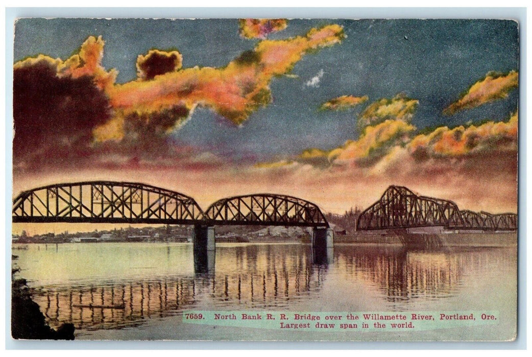 1913 North Bank R.R. Bridge Willamette River Sunset Portland Oregon OR Postcard