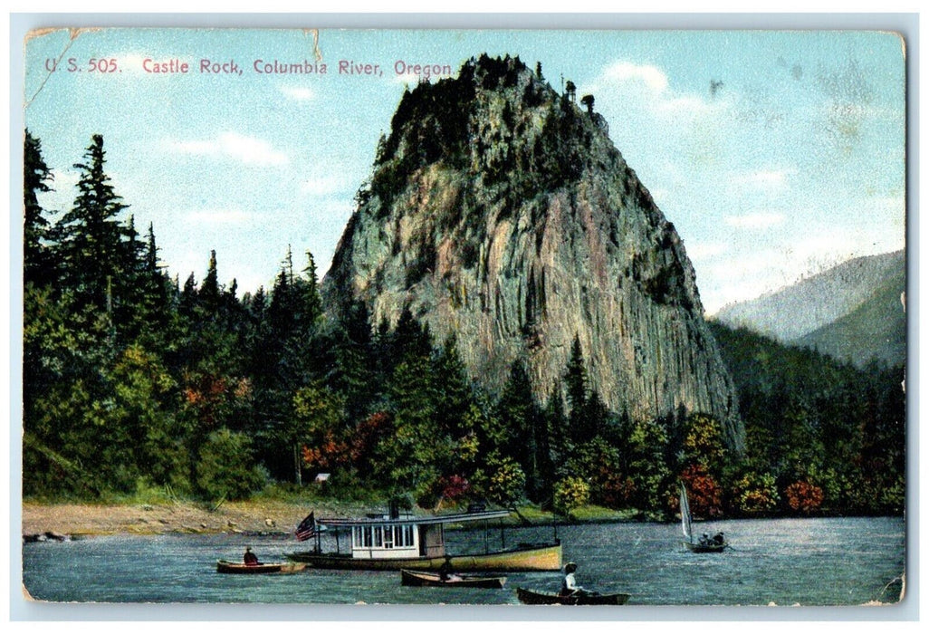 1908 Castle Rock Boat Canoe Fishing Mountain Columbia River Oregon OR Postcard