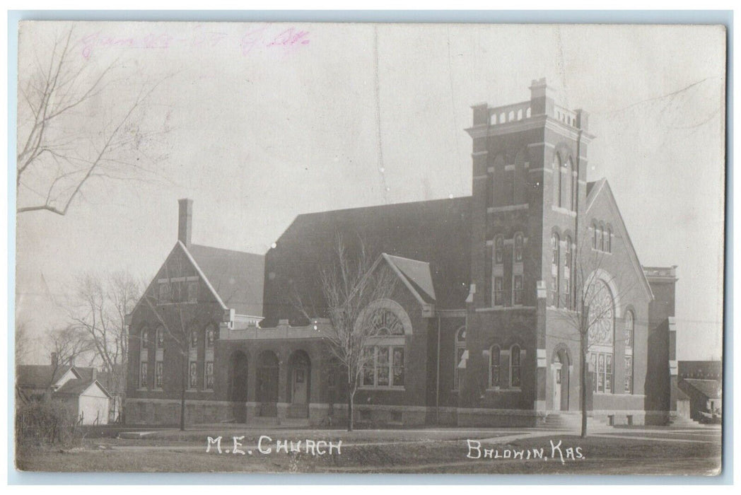 1909 ME Church Scene Street Baldwin Kansas KS RPPC Photo Posted Antique Postcard