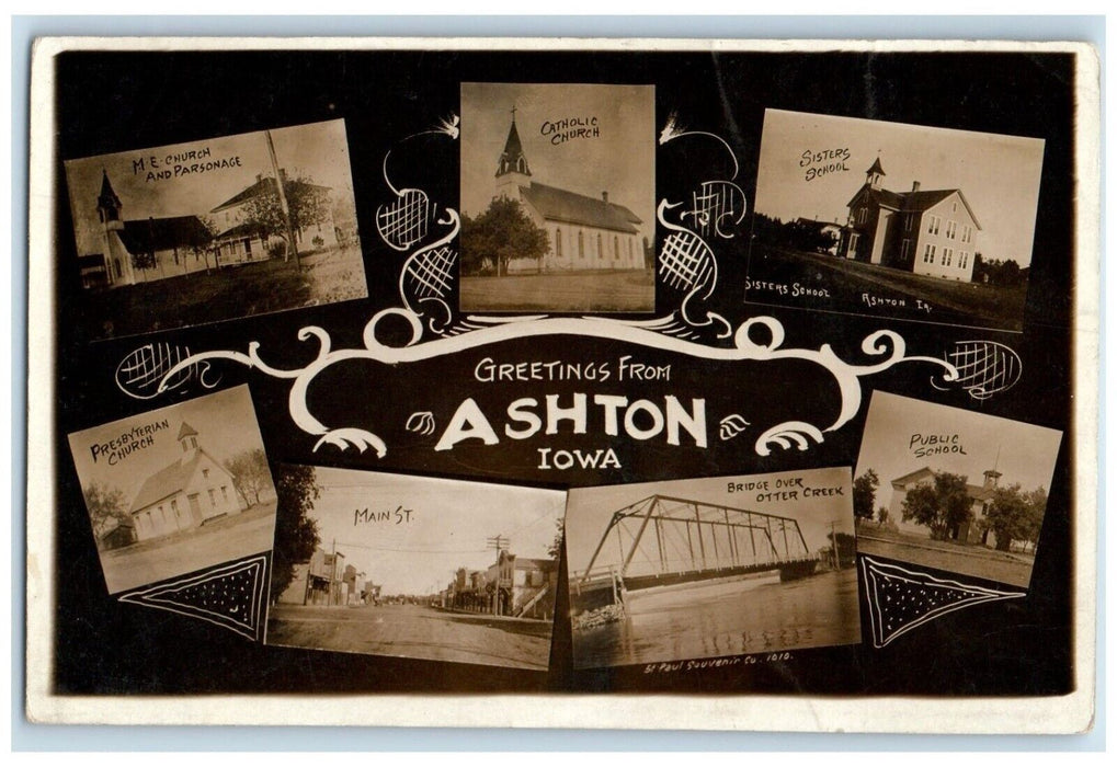 c1910's Greetings From Ashton Iowa IA Multiview  RPPC Photo Antique Postcard