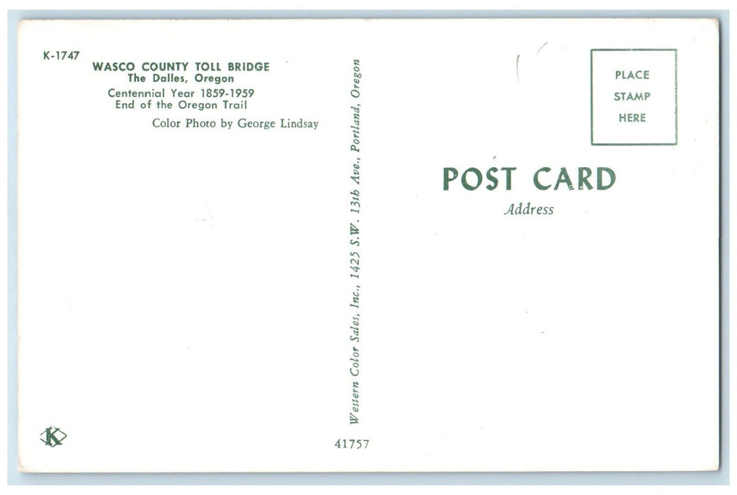 c1960 Wasco County Toll Bridge Centennial Year Trail Dalles Oregon OR Postcard