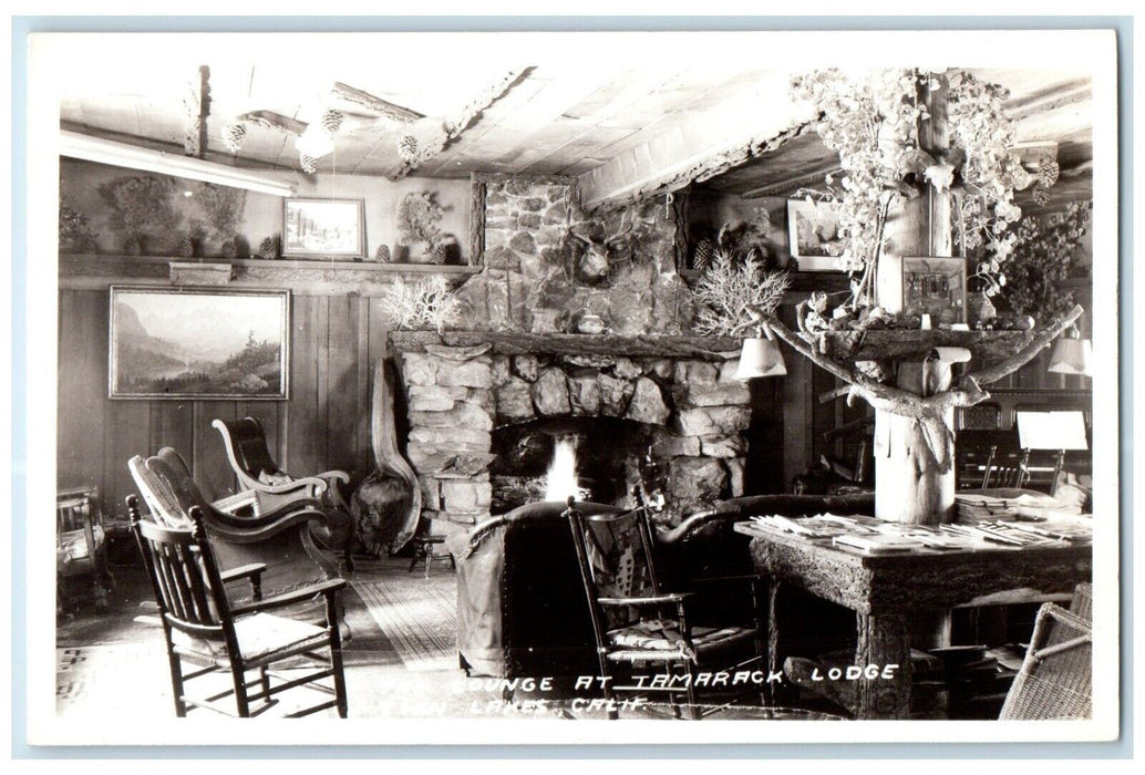 Lounge At Tamarack Lodge Fireplace Twin Lakes California CA RPPC Photo Postcard