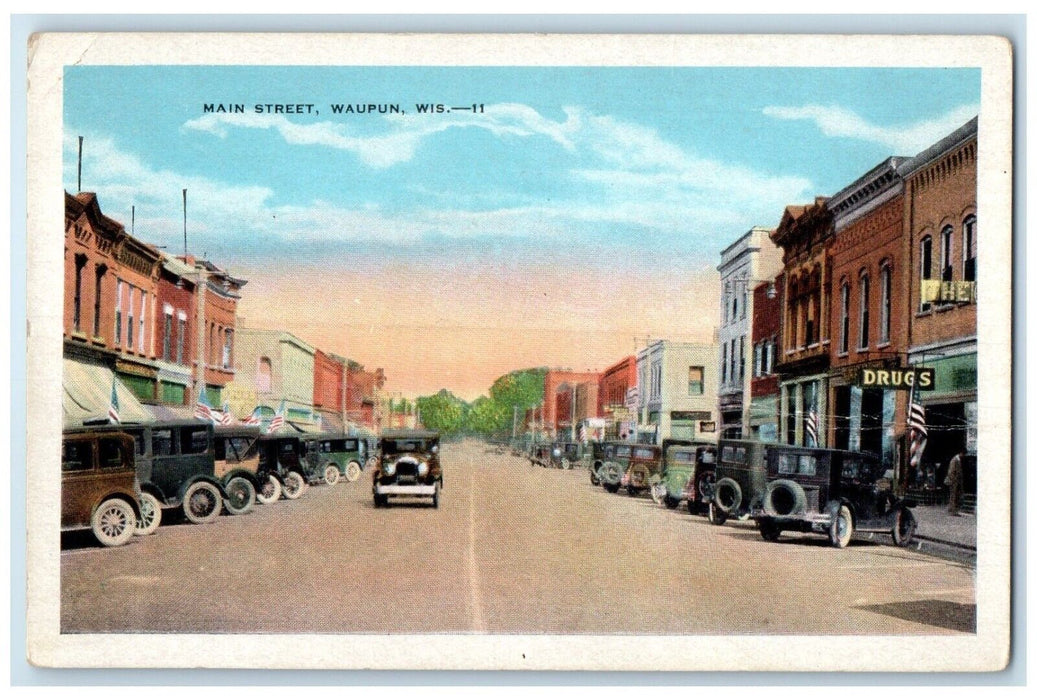 c1920 Main Street Classic Cars Exterior Store Building Waupun Wisconsin Postcard