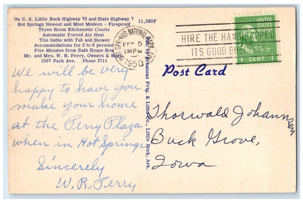 c1950 Perry Plaza Court Building Hot Springs National Park Arkansas AR Postcard
