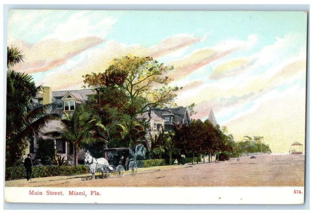 c1910 Main Street Horse Carriage Buildings Road Miami Florida Unposted Postcard