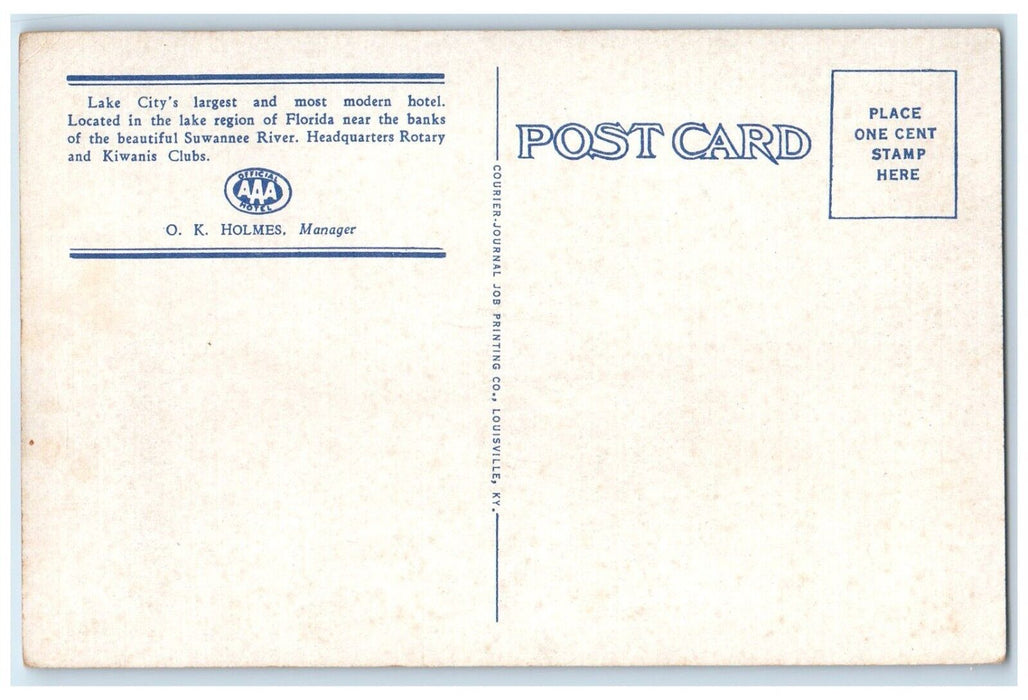 1940 Exterior View Blanche Hotel Building Classic Car Lake City Florida Postcard