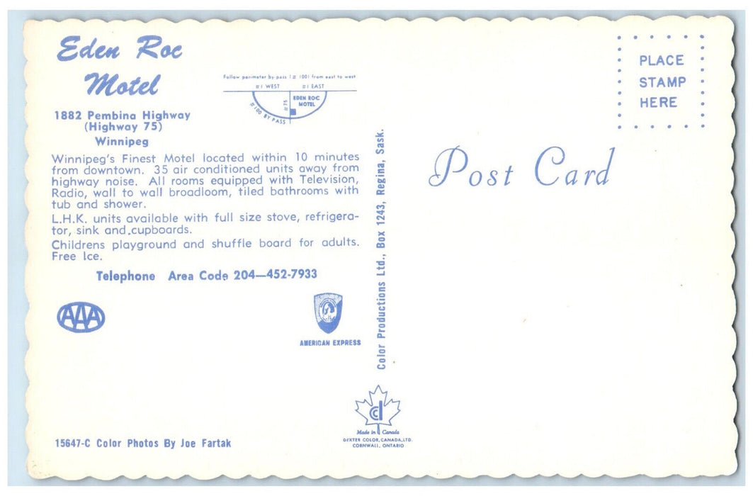 c1950's Eden Roc Motel Winnipeg Manitoba Canada Vintage Multiview Postcard