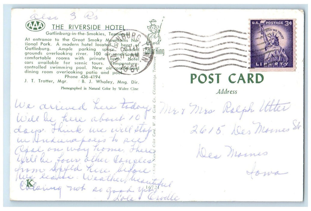 1961 The Riverside Hotel Gatlinburg In The Smokies Tennessee TN Vintage Postcard