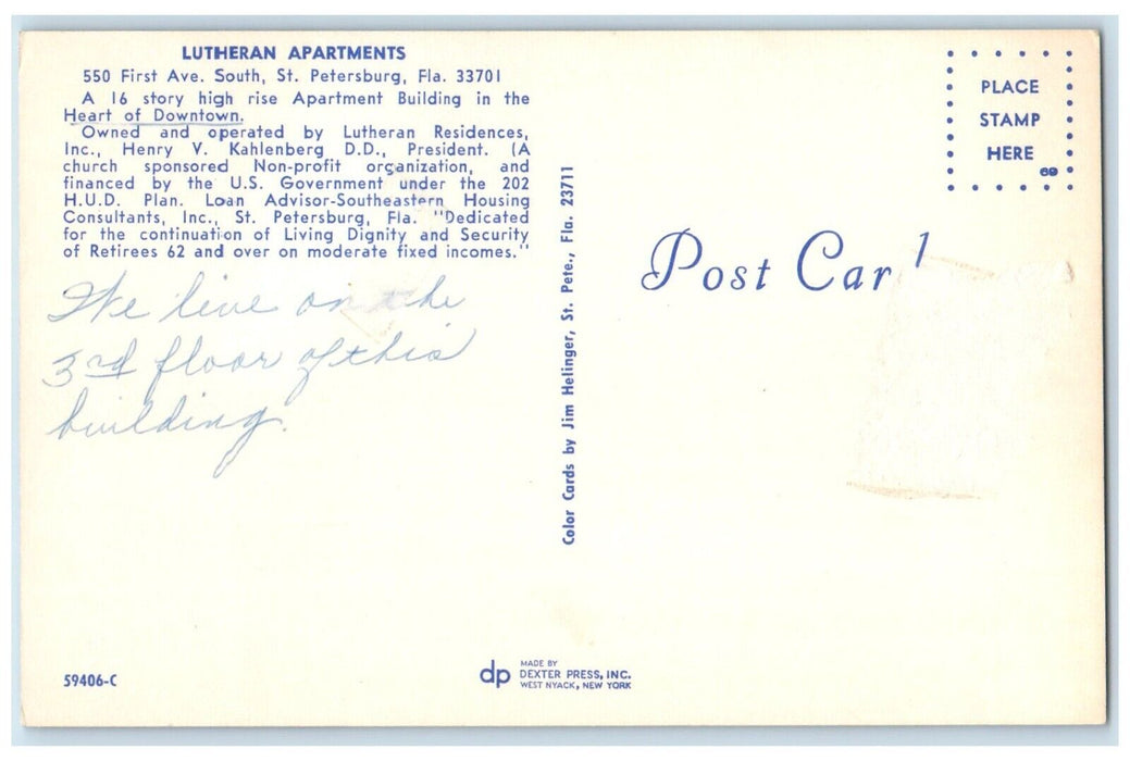 c1960's Lutheran Apartments Building Cars St. Petersburg Florida FL Postcard