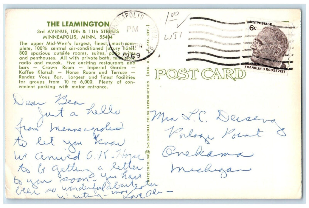 1969 The Leamington Building Cars Minneapolis Minnesota MN Vintage Postcard