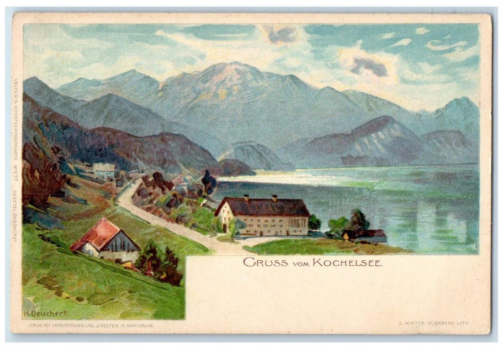 c1905 Greetings from Kochelsee Germany Mountains View Unposted Antique Postcard