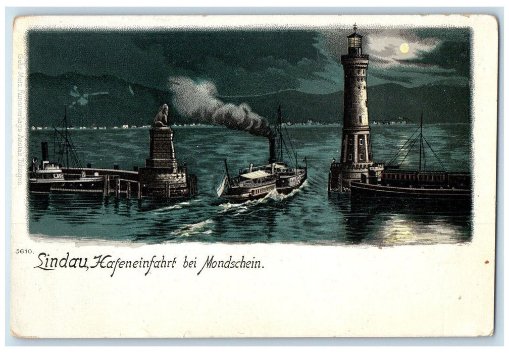 c1905 Lindau Harbor Entrance By Moonlight Bavaria Germany Antique Postcard
