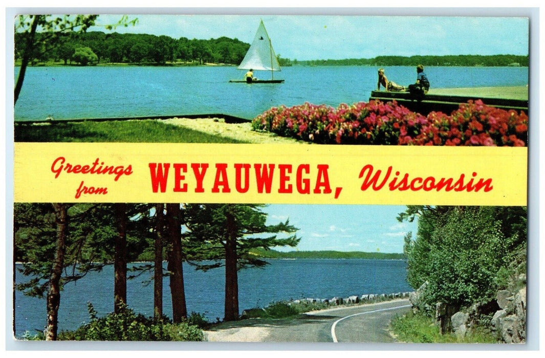 c1960 Greetings From Banner Sailboat River Lake Weyauwega Wisconsin WI Postcard