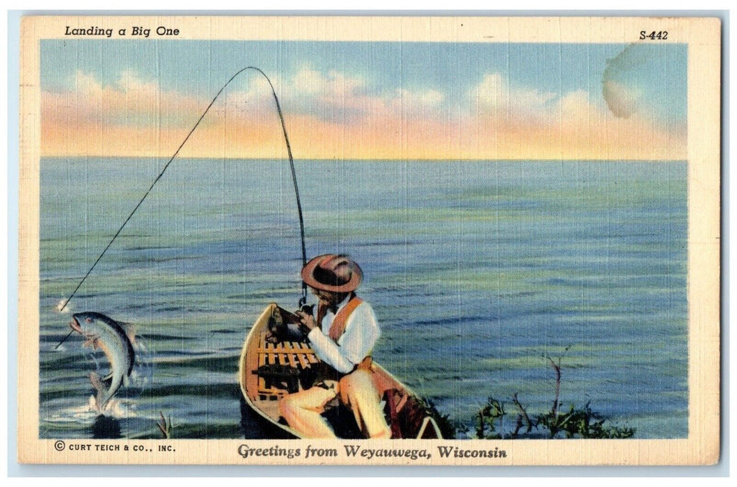 1944 Landing Big One Greetings From Fishing Weyauwega Wisconsin Vintage Postcard