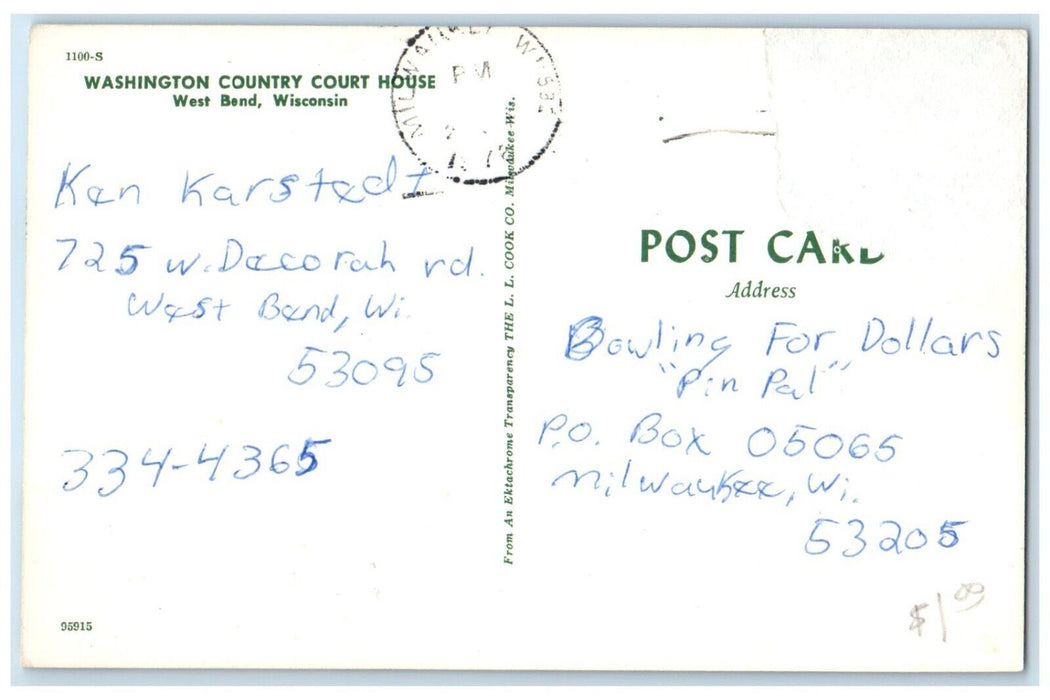 c1972 Washington Country Court House Exterior West Bend Wisconsin WI Postcard