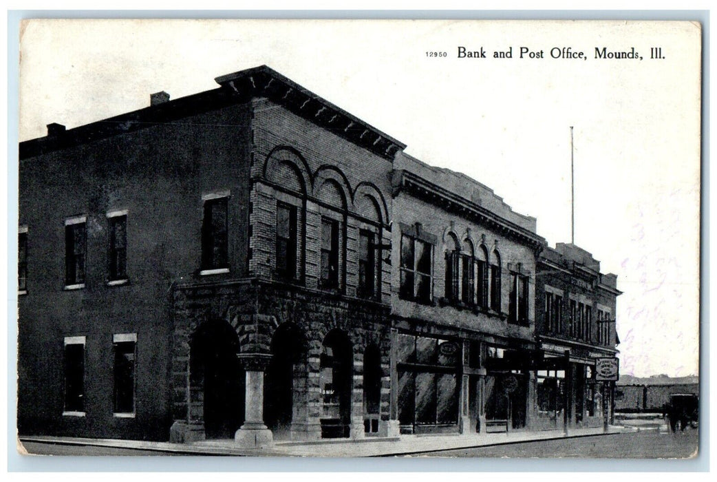 1910 Roadside View Bank & Post Office Building Mounds Illinois Vintage Postcard