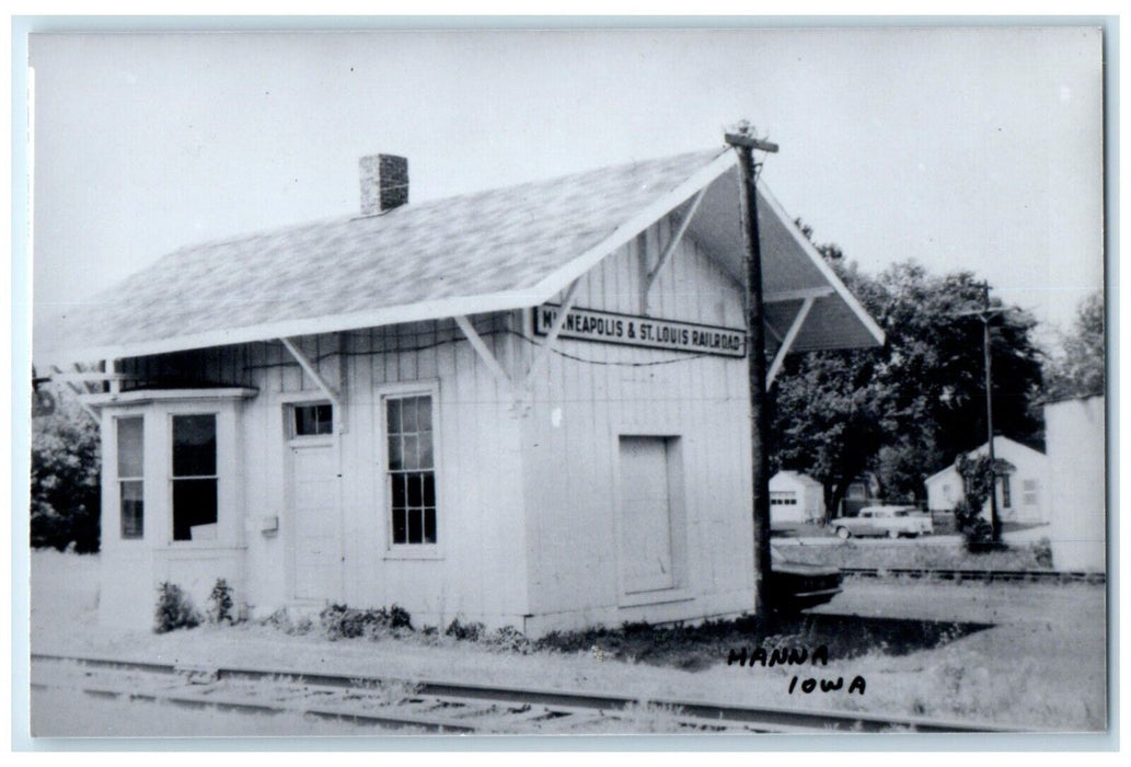 c1960 Hanna Iowa Minneapolis St. Louis Railroad Train Depot Station RPPC Photo