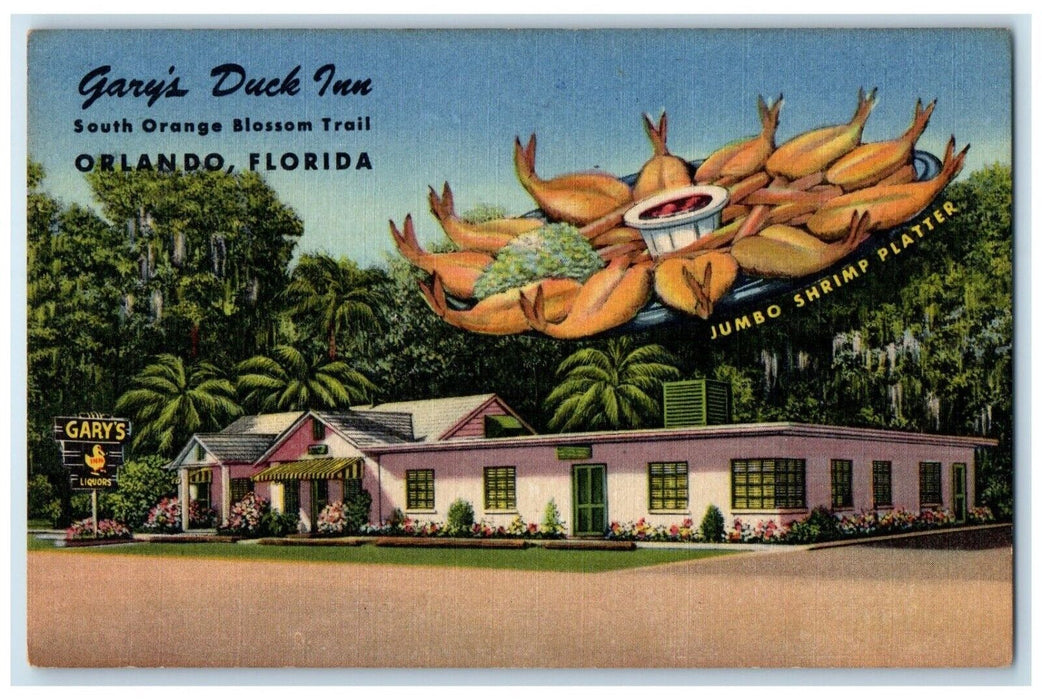 c1950's Gary's Duck Inn Orlando Florida FL, Jumbo Shrimp Platter Postcard